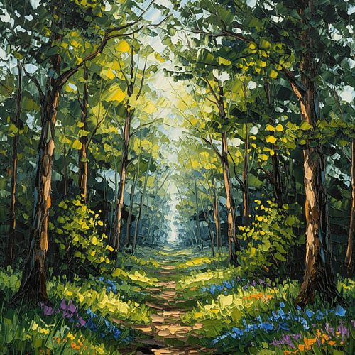 Pad naar de betoverende open plek: Een impressionistisch boslandschap met een gestructureerd paletmes