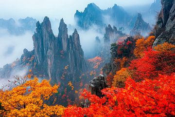 Paysage de montagne automnal dans le brouillard sur Poster Art Shop