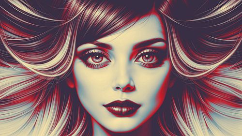 Wild Girl – Vrouwenportret met Wilde Haren in Rood en Lichtblauw | Grafische Popart Kunst