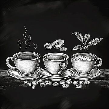 drawn poster of coffee cups in black and white by Margriet Hulsker