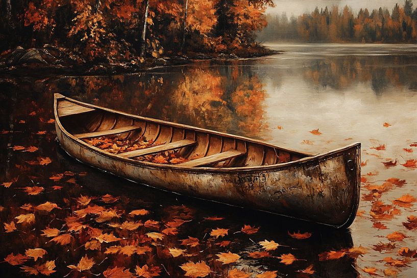 Wooden canoe on autumn lake by Imperial Art House