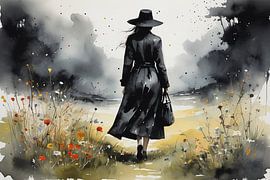 Frau in Schwarz zwischen Wildblumen