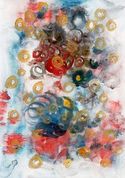 Abstracte aquarelschilderij met acryl details roze en blauw