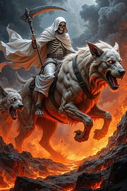 Dark Fantasy Décoration Murale: HELLREAPER – La Faucheuse Chevauche Son Chien Infernal Blanc à Trave