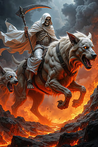 Dark Fantasy Wandbild: HELLREAPER – Der Grim Reaper reitet auf seinen weißen Höllenhund durch die Hölle