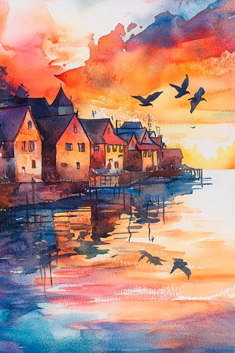 Scène aquarelle dans le ciel du soir