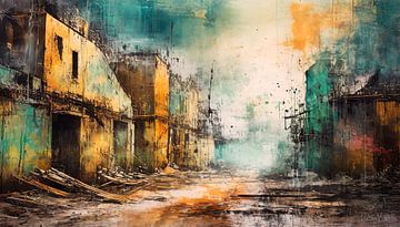 Painting with house and street by Mustafa Kurnaz