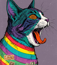 Hypnotic Eye Cat – Vintage regenboog-popart van Ridho Saputro