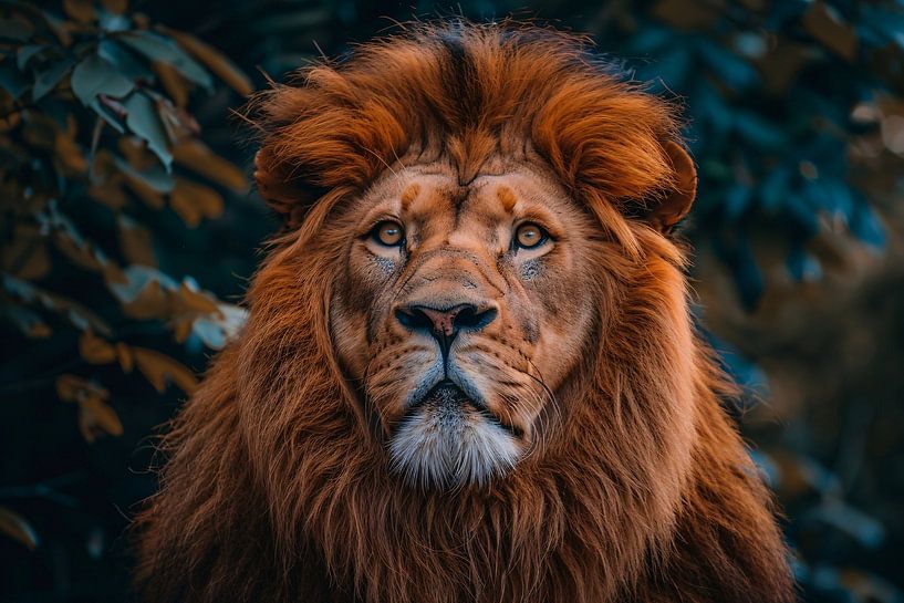 Beautiful portrait of a lion with leaves by Imperial Art House