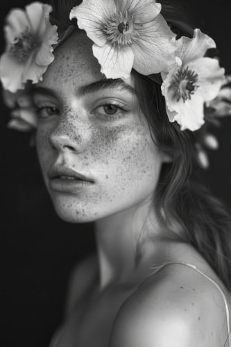 Wreath of flowers and freckles in black and white