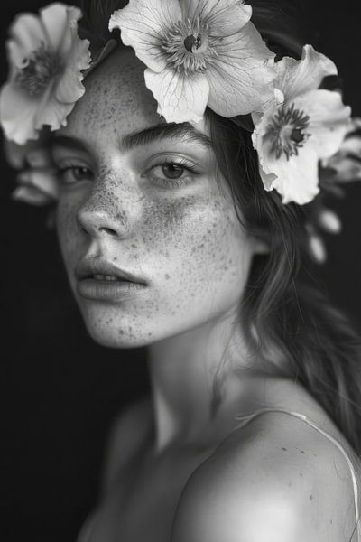 Blütenkranz und Sommersprossen in Schwarz-Weiß von Poster Art Shop