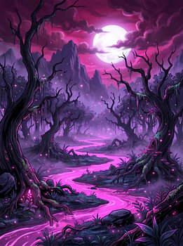 Enchanted Forest Bioluminescent River Glowing Full Moon Fantasy Landscape Illustration
