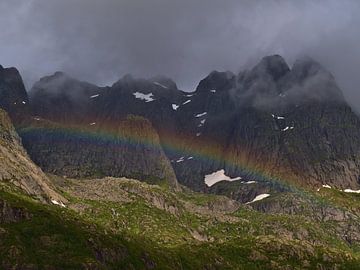 Kleurrijke regenboog voor ruige bergen in Lofoten, Noorwegen van Timon Schneider