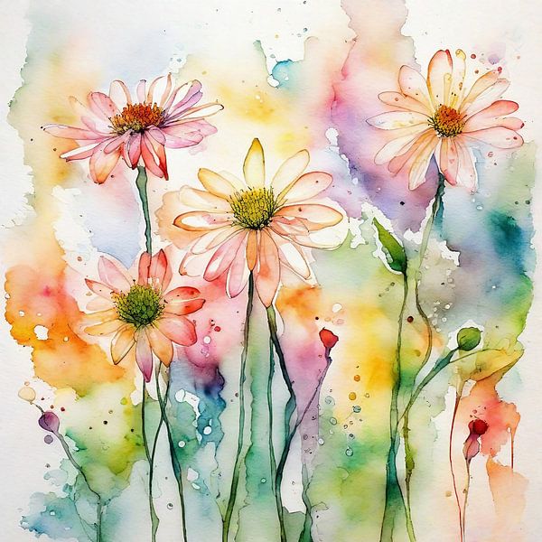 Flower Painting with Daisies, Watercolour by Sabine Schemken