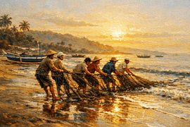 Traditional Fishermen at Sunrise by Vínculae