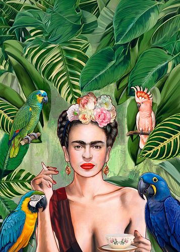Tropische Frida – Exotisch jungleportret met papegaaien