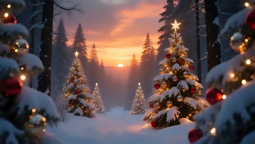 Sonnenuntergang über dem Winterwald von Jean Pierre