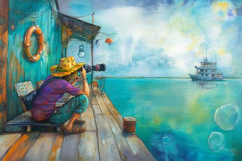 Painting of a young woman holding a camera, looking out to sea