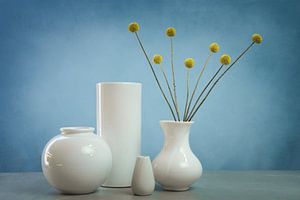 Still life with yellow flowers and white vases, Allium sphaerocephalon