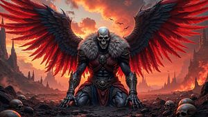 MORTYRAEL - Dämon mit Skelettgesicht kniend auf einem Schlachtfeld