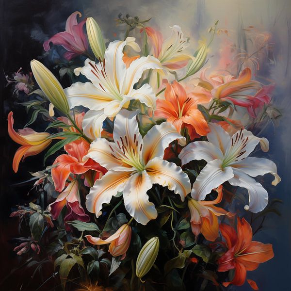 Lelie bloemen in olieverf stijl kleurrijk van TheXclusive Art