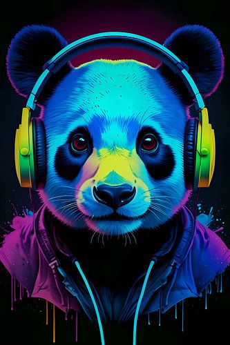 Panda avec des écouteurs, écoutant de la musique, art néon