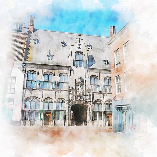 Aquarelschilderij van de Gistpoort in Middelburg, Zeeland.