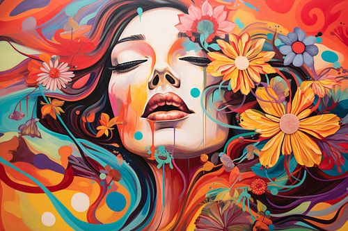 Une femme prise dans une mer de fleurs de toutes les couleurs