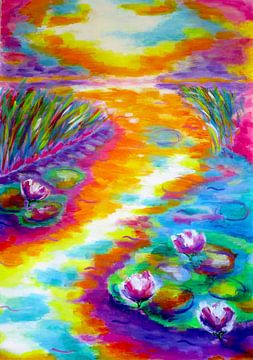 Toekomst en verleden / Water met water lelies en zonsondergang Claude Monet licht Lotus bloemen Natuur landschap Kunst print van Jolanda Bakker