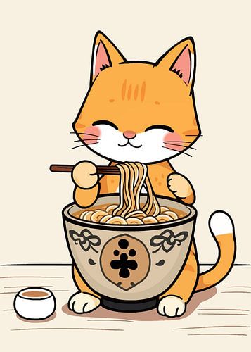 Cute Orange Cat Eat Ramen