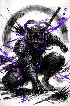 Black Panther Samurai – Kunstwerk mit violetten Farbspritzern