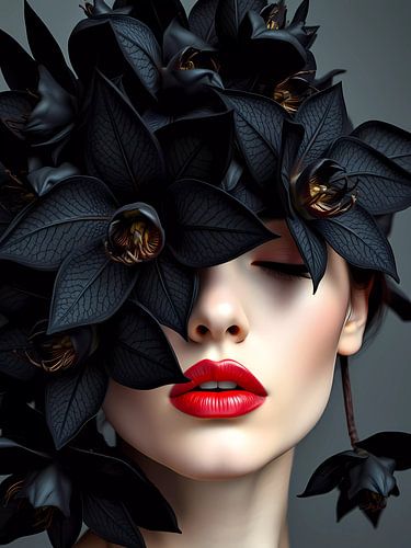 Vrouw met zwarte bloemen