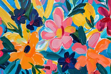 Kleurrijke abstracte impressie van bloemen en bladeren van De Muurdecoratie