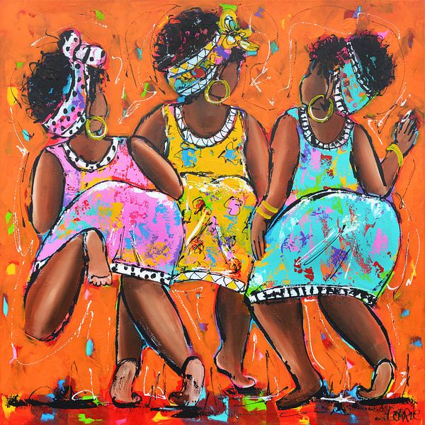 Curaçao feest vierende dames van Vrolijk Schilderij op canvas, behang en meer