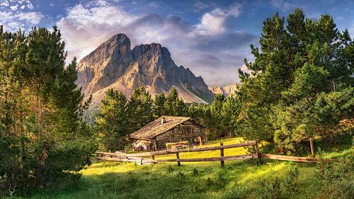 Houten huis op een bergweide in de Alpen / Dolomieten in Italië