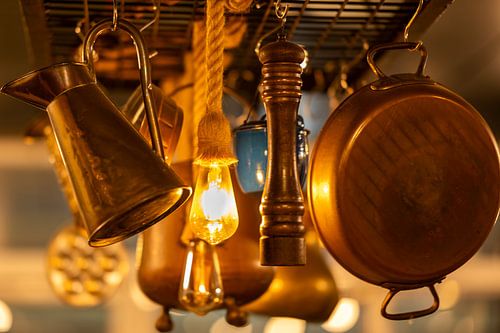 Rustic kitchen still life with copper pan