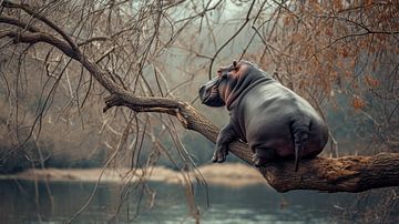 Nijlpaard rustend op een tak bij de rivier van Klaus Tesching - Art-AI