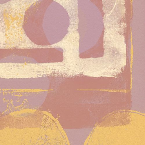 Abstracte vormen in lila, wit en geel.