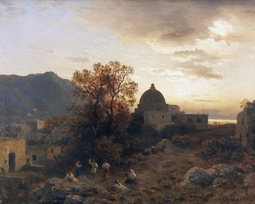 Avondstemming aan de Italiaanse kust met dansende figuren, ALBERT FLAMM, 1866