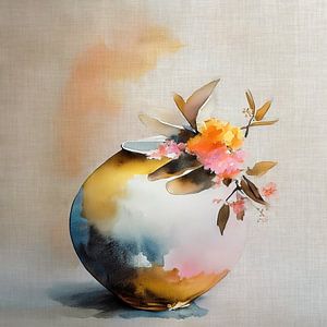Farbenfrohe Blüten in einer kunstvollen runden Japandi-Vase