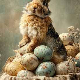 Adorable lapin de Pâques avec des œufs de Pâques pastel sur But First Framing