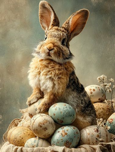 Cute Easter bunny with pastel Easter eggs by But First Framing