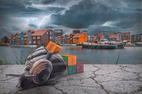 Unieke Beeldmanipulatie van Slakken in de Haven: Kleurrijke en Vrolijke Kunst voor Jouw Interieur