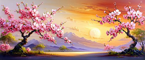 Japanse kersenbloesem bij zonsondergang - Japanse kersenbomen op afgelegen eilandjes in een rustig meer, verenigd in het gouden avondlicht onder de ondergaande zon achter een majestueus berglandschap