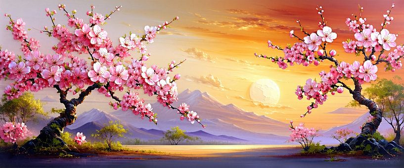 Fleurs de cerisiers japonais au coucher du soleil - Des cerisiers japonais sur des îles isolées dans un lac tranquille, unis dans la lumière dorée du soir sous le soleil couchant derrière un paysage de montagnes majestueuses par AidasignArt