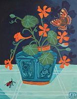 Oost Indische Kers in Smaragd Groene Gember Pot | Bloem Stilleven met vlinders en Insecten