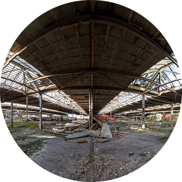 Urbex bedrijfshal met symmetrische lichtstraten - 360 graden panorama van Erik Verheggen