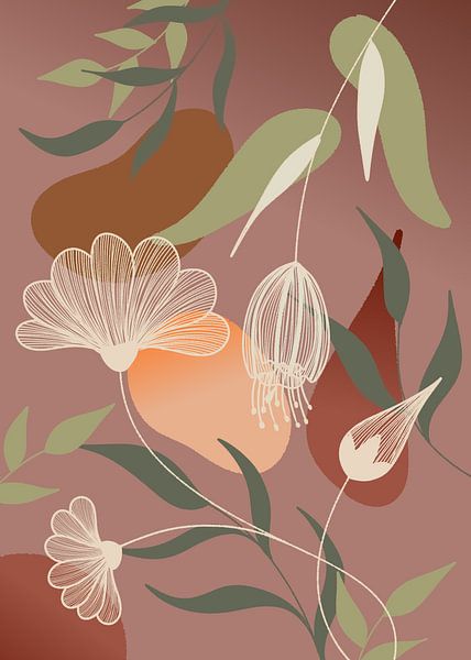 Dessin au trait blanc - Bourgeon de fleur à feuille verte par Gisela- Art for You