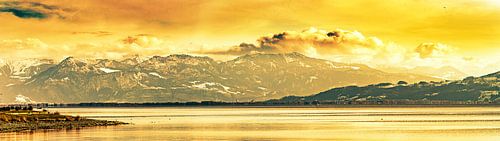 Panorama Lake Constance and Swiss Alps covered with snow in winter