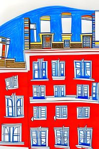 Gebäude in Rot und Blau